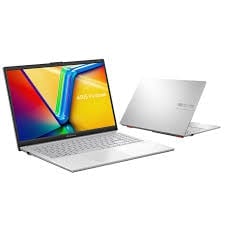 Silver laptop with colorful gradient display shown from front and back angles