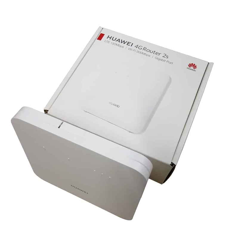 Huawei 4G Router 2s in white packaging and device shown together on white background