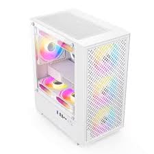 White gaming PC case with RGB lighting and mesh ventilation panels showing internal components