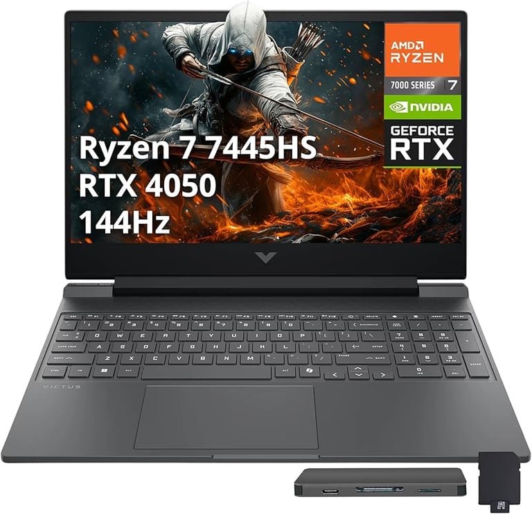 Gaming laptop with Ryzen 7-7445HS processor, RTX 4050 graphics, and 144Hz display, shown with logos and specifications overlay